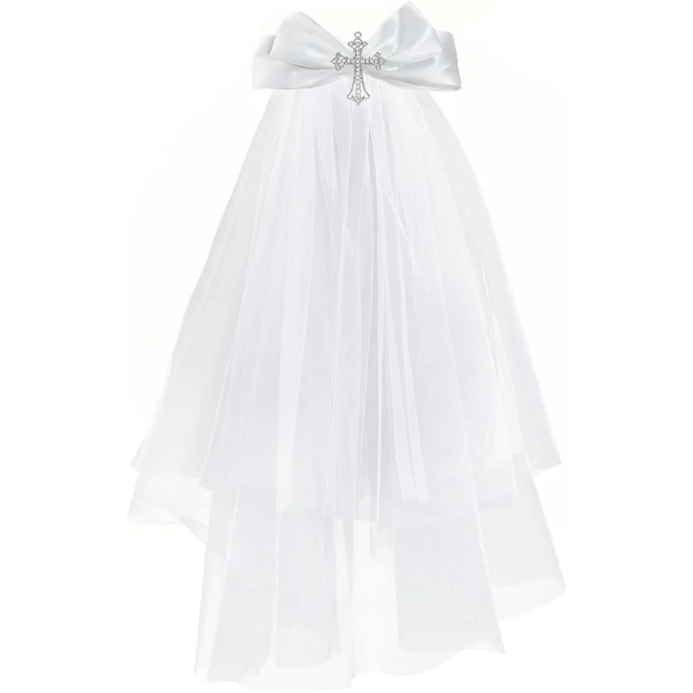 Girls First Communion White Bow Cross Veil Headwear First Holy Communion Dress Up Accessory Keepsake Communion Party Supplies