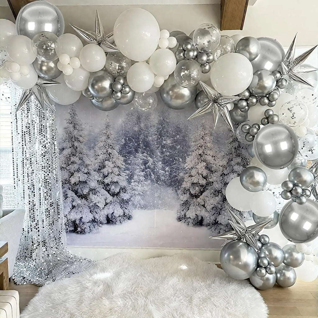 100 gray, silver, and white balloon sets with silver exploding star arches suitable for birthday, Christmas, New Year decoration