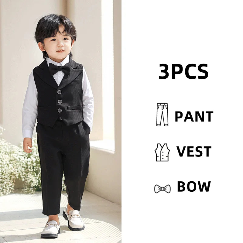 3Pcs Children Boys Black Blue Wedding Suit Teenager Kids Boy Piano Ceremony Tuxedo Suit Formal Vest Shirt Pants Bow Kid Boy Suit
