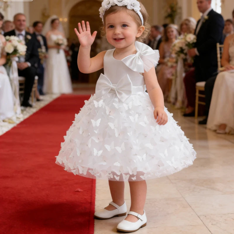 White Wedding Baby Girl Dress Bowknot Butterfly Tutu Dress Infant Toddler Flower Girls Baptism Birthday Dresses With Headband