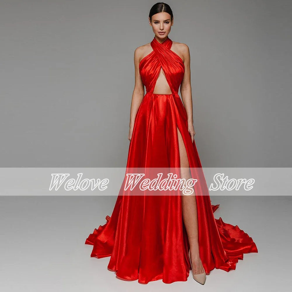 Sexy Prom Dress Halter Slit Beach Sweep Train Evening Party Gown A Line Plat Backless Custom Made Satin Vestido De Noche 2024