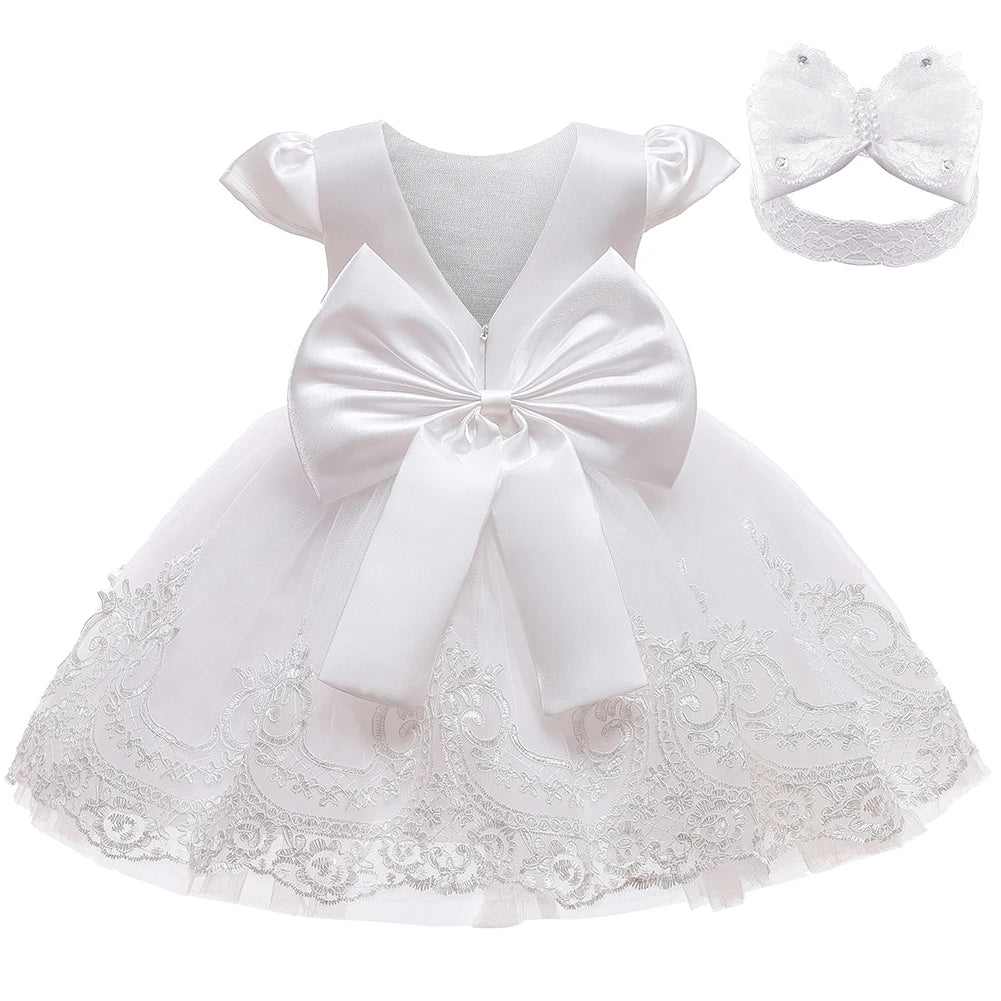 White Dresses For Baby Girl 1st Birthday Party Dress Backless Bow Cute Baby Baptism Gown Kids Wedding Elegant Princess Dress