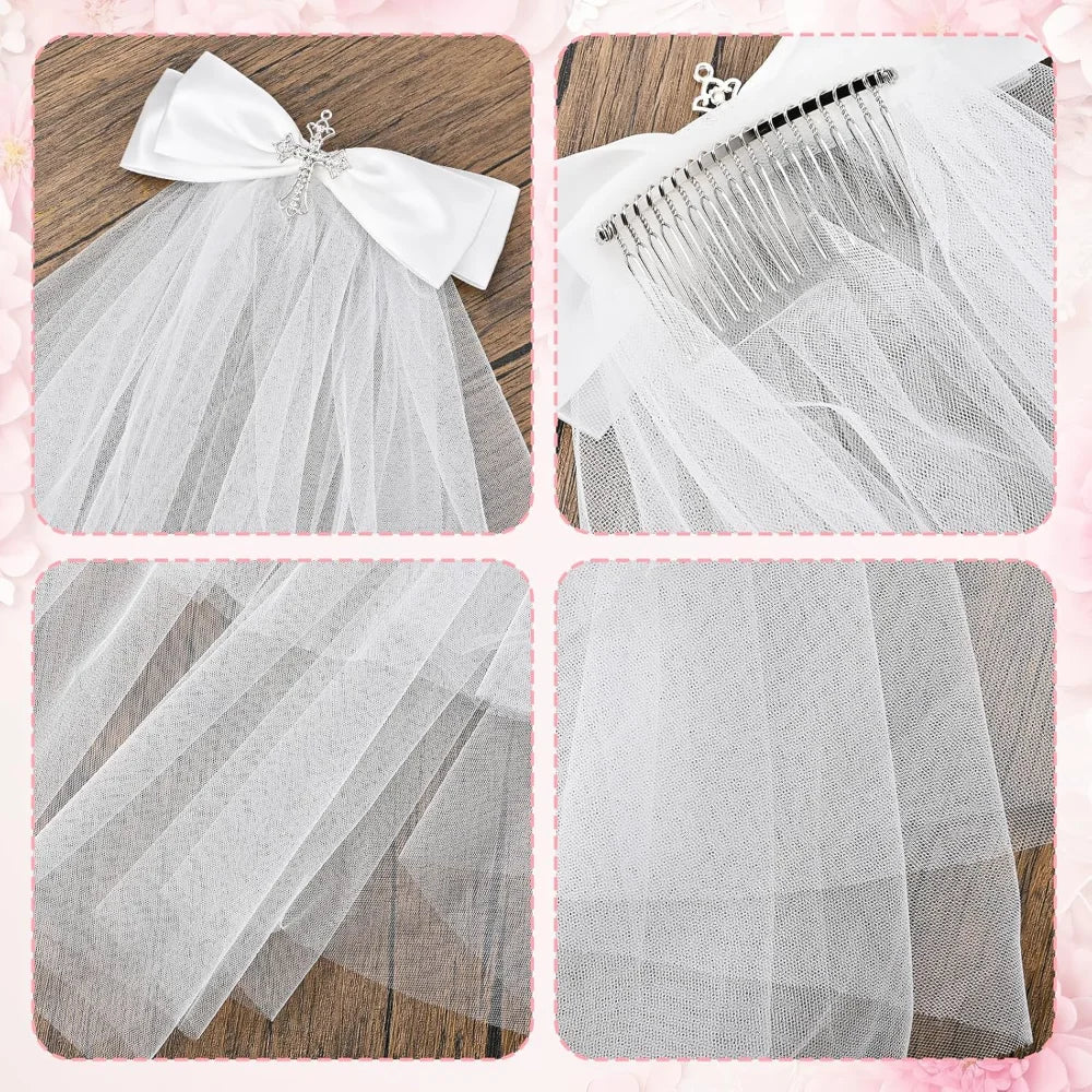 Girls First Communion White Bow Cross Veil Headwear First Holy Communion Dress Up Accessory Keepsake Communion Party Supplies