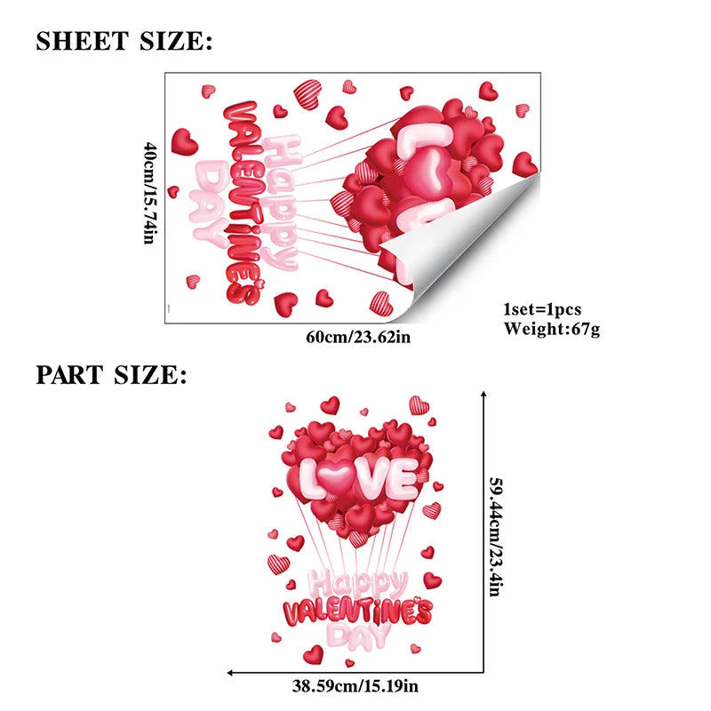 1 Pcs Valentines Day Window Clings With Red Ribbon Romantic Heart Design Static Window Stickers Reusable Double-Sided
