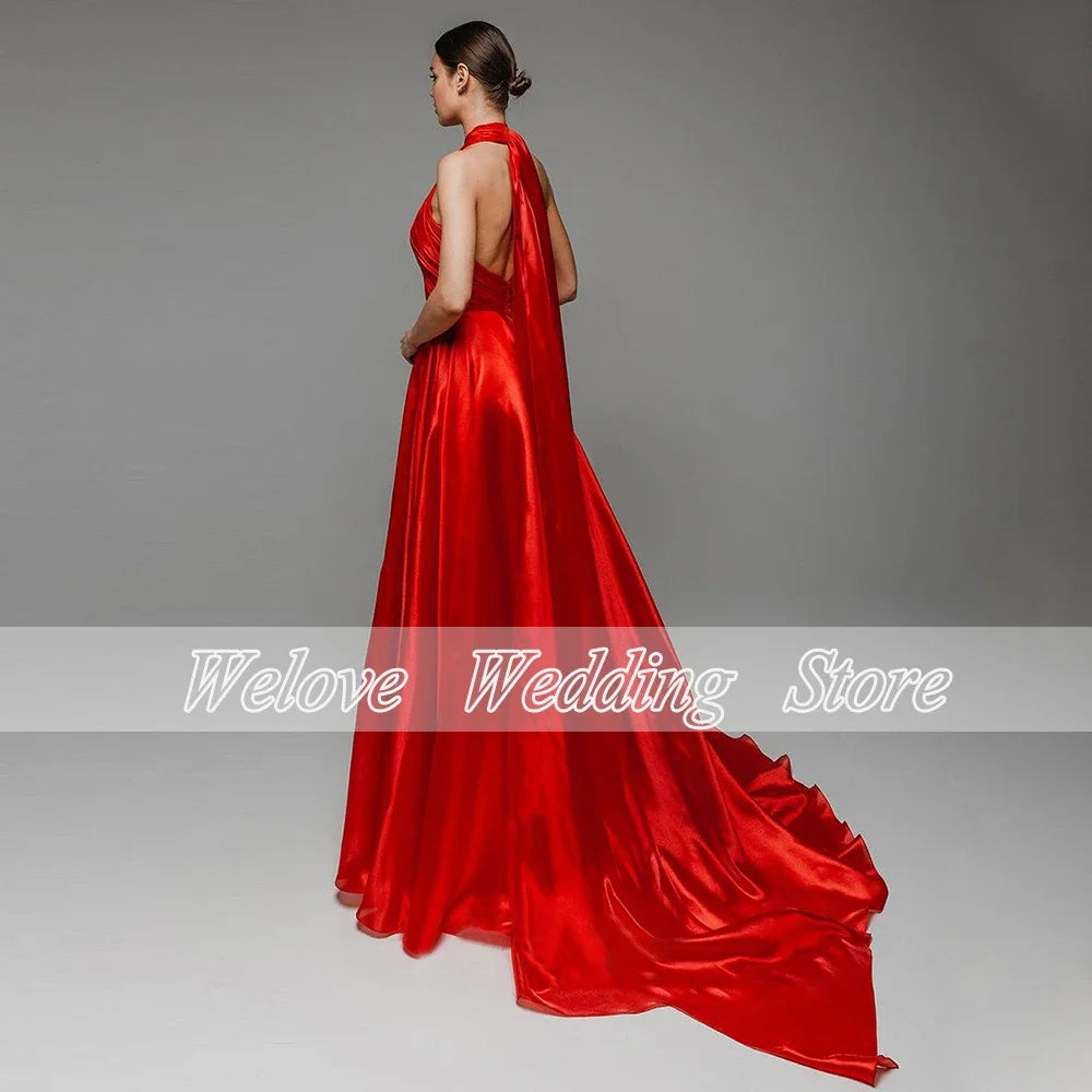 Sexy Prom Dress Halter Slit Beach Sweep Train Evening Party Gown A Line Plat Backless Custom Made Satin Vestido De Noche 2024