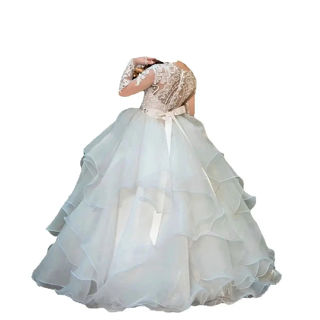 Communion Flower Girl Dresses Appliques Birthday White Tulle Tiered Party Banquet Holy With Bow Belt Long Sleeve