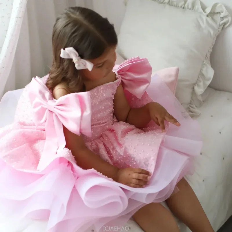 Party Dress 2025 Children Lovely Kids Birthday First Communion Ball Gowns Pink Flower Girl for Wedding Sequins Beading with Bow