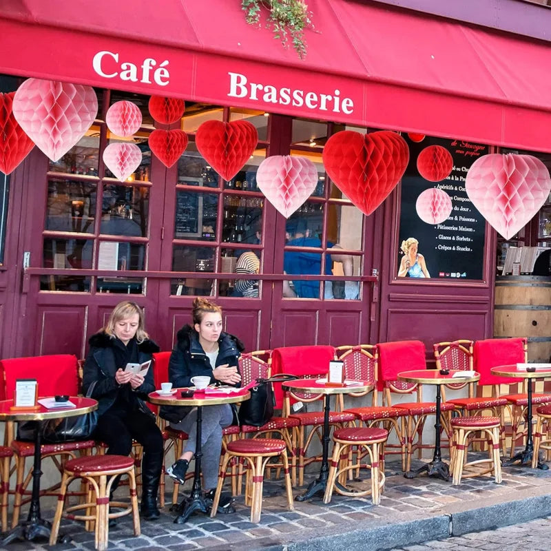 5Pcs Valentine‘s Day Heart & Ball Tissue Paper Honeycomb Ball Love Decoration Pom Poms for Valentine‘s Day Wedding Party Decors