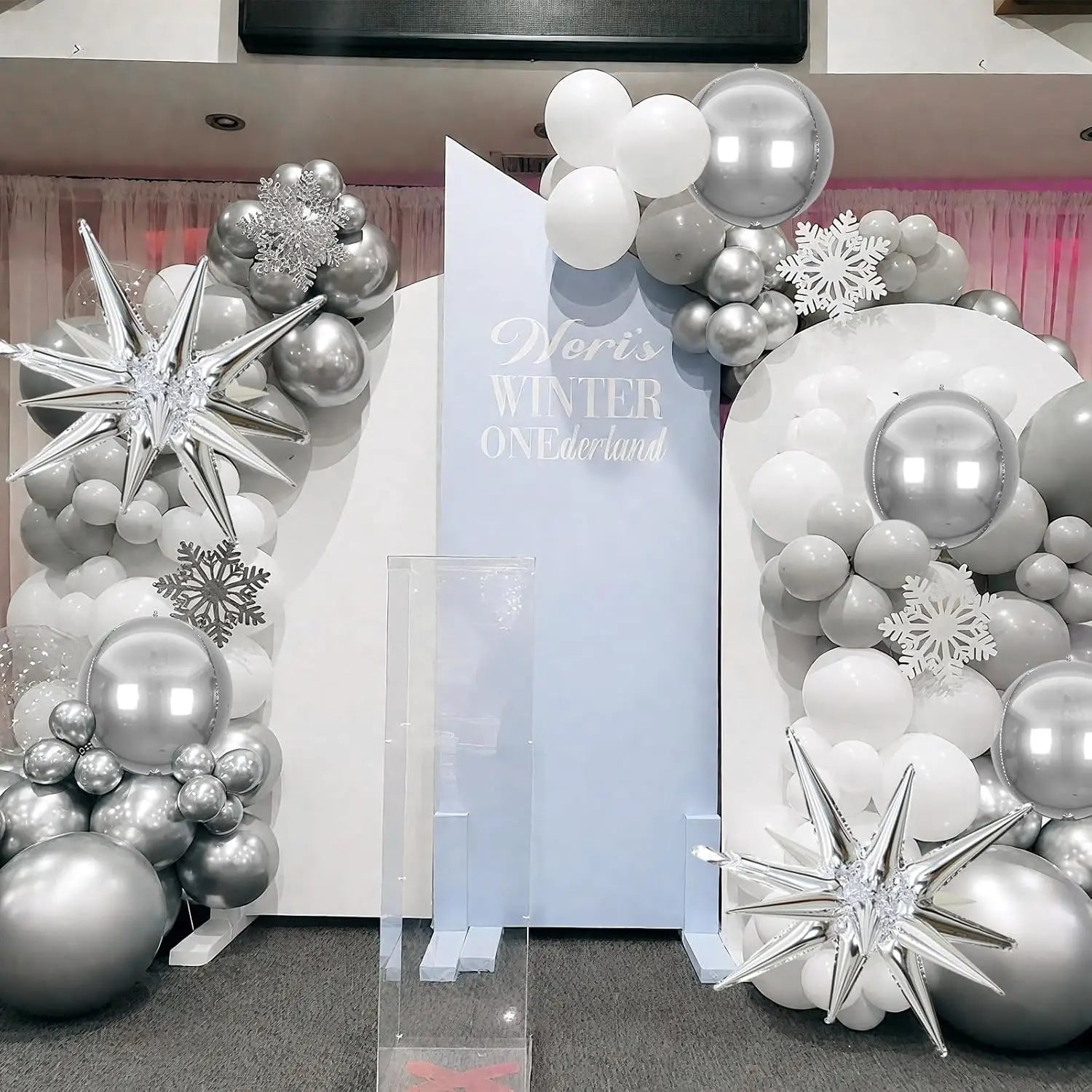 100 gray, silver, and white balloon sets with silver exploding star arches suitable for birthday, Christmas, New Year decoration