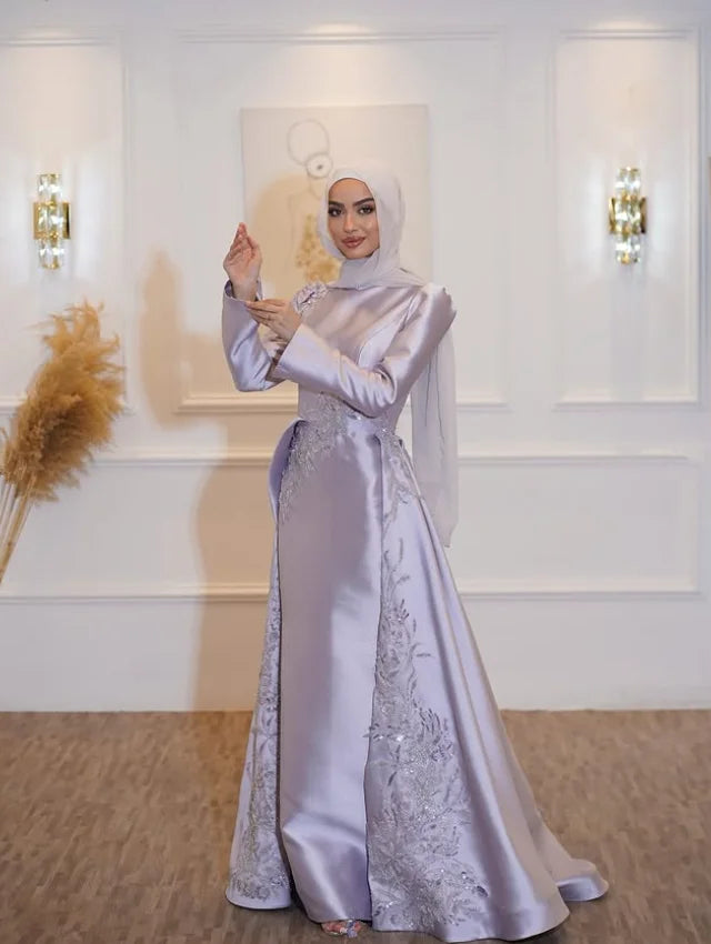 Lilac Lavender Muslim Caftan Prom Formal Dresses Gillter Applique Long Sleeve Long Sleeve Henna Hijab Evening Gown Customized