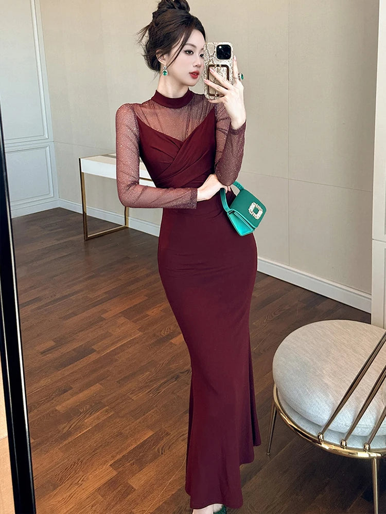 Elegant Prom Dress Women Fashion Sexy Sheer Mesh Spliced Bodycon Fishtail Robe Female Evening Party Vestidos Christmas