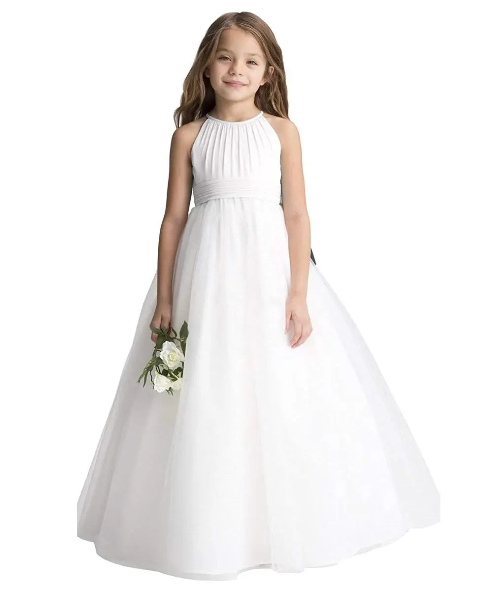 BABYONLINE Communion Girl Dress Simple Ivory Chiffon and Netting Halter Ball Gown Junior Mini Bridesmiad  Wedding Guest Party