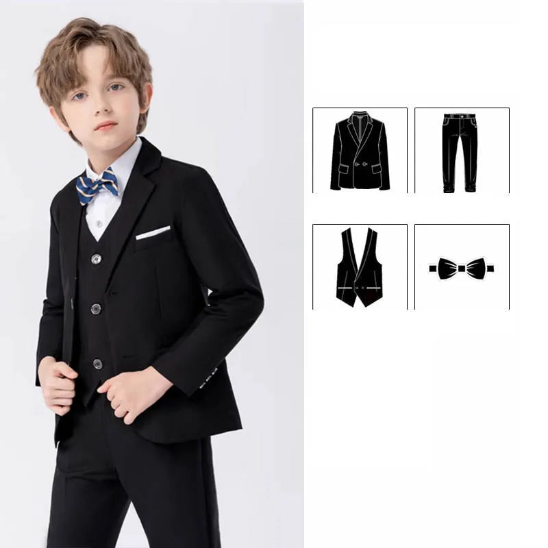 Children Black Wedding Suit Teenager Kids Piano Ceremony Tuxedo Dress Flower Boys Photograph Blazer Party Performance Costume