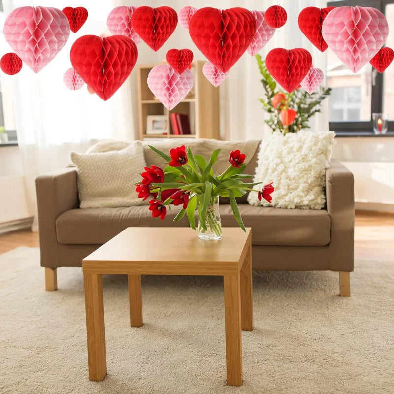 5Pcs Valentine‘s Day Heart & Ball Tissue Paper Honeycomb Ball Love Decoration Pom Poms for Valentine‘s Day Wedding Party Decors