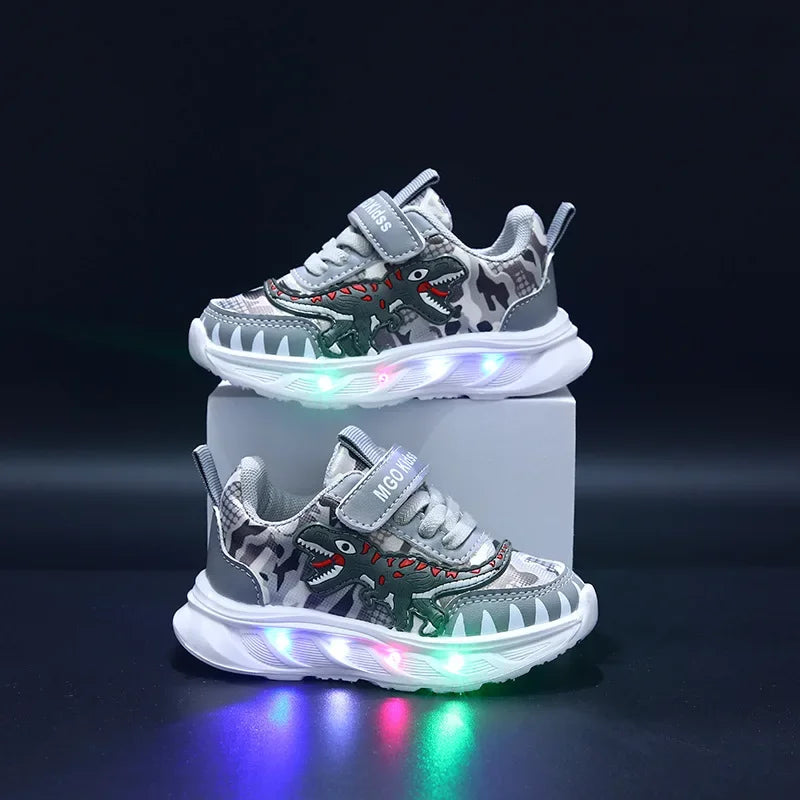 Spring New Children's Sports Shoes Cartoon Dinosaur Children's LED Light Shoes Soft Sole Boys' Causal Sneakers 2-6 Years Old