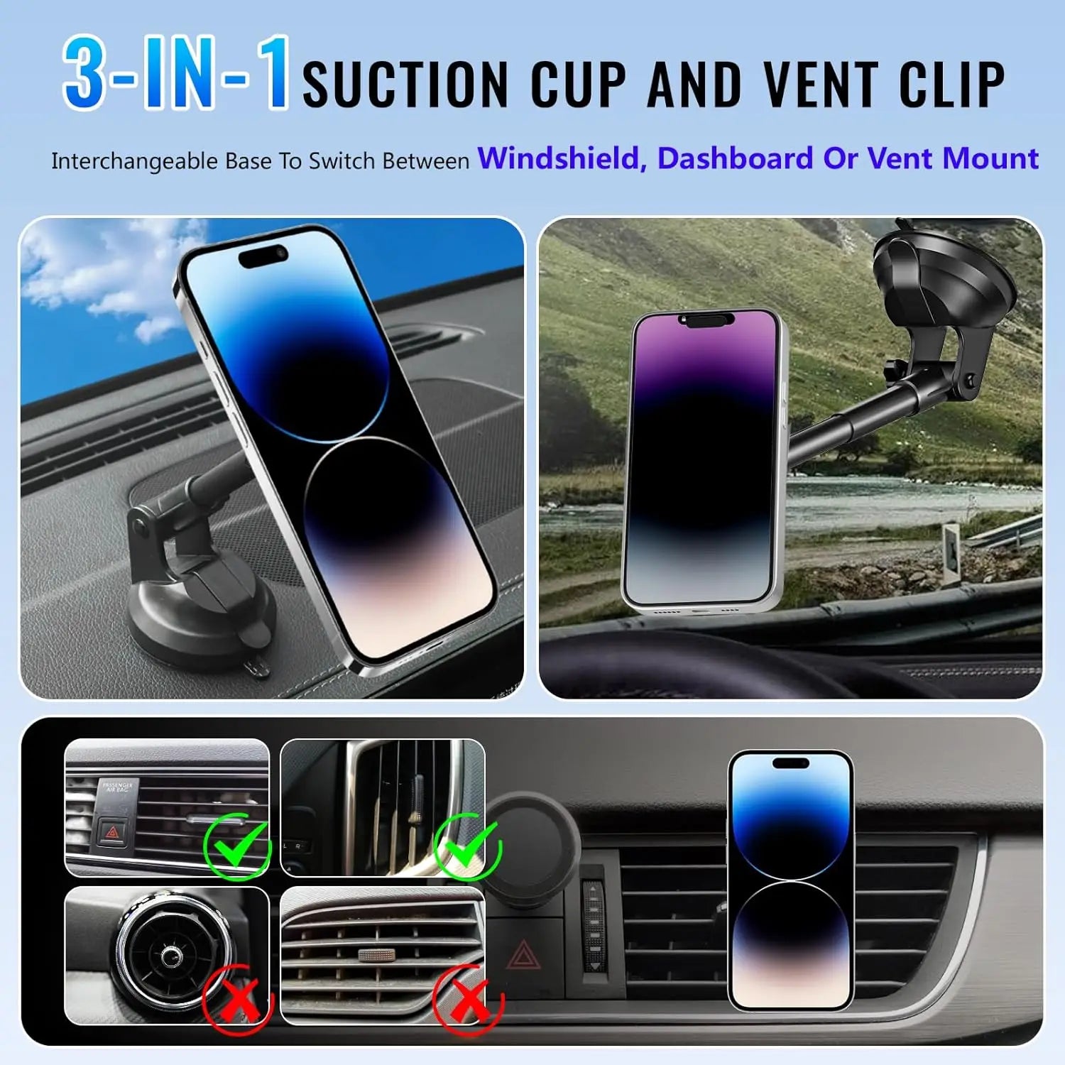 UYUXIO Magnetic Wireless Car Charger 15W Fast Charging Windshield Dashboard Car Mount Phone Holder for iPhone 16 13 12 15 14