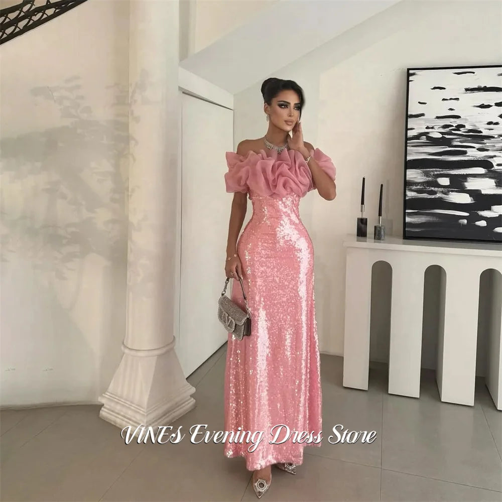 VINES Hot Pink Prom Dress Ruffled Off Shoulder Celebrity Dress with Full Sequin Women's Evening Dresses Formal Gown Customized