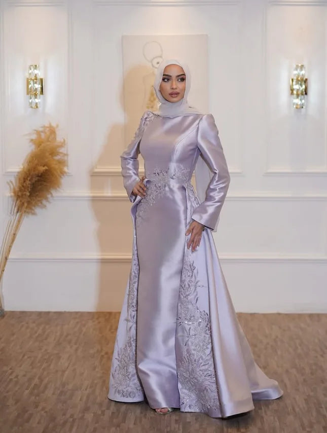 Lilac Lavender Muslim Caftan Prom Formal Dresses Gillter Applique Long Sleeve Long Sleeve Henna Hijab Evening Gown Customized