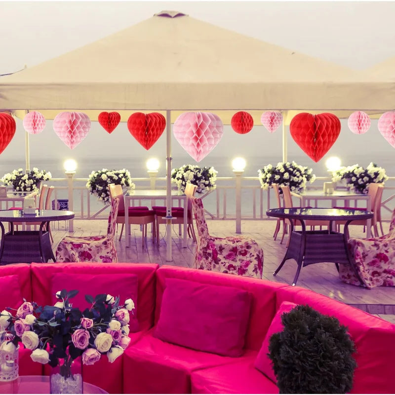 5Pcs Valentine‘s Day Heart & Ball Tissue Paper Honeycomb Ball Love Decoration Pom Poms for Valentine‘s Day Wedding Party Decors