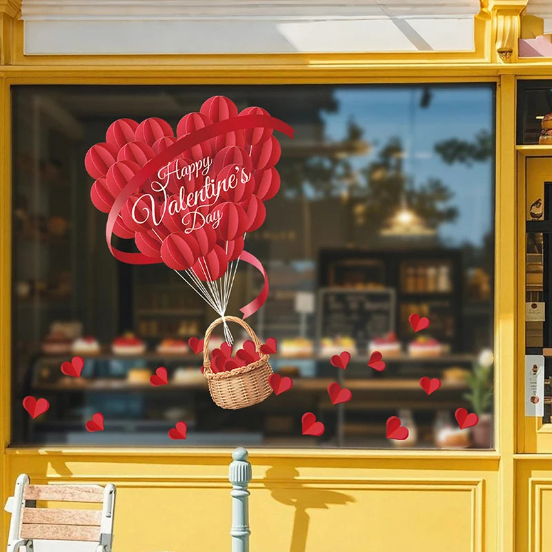 1 Pcs Valentines Day Window Clings With Red Ribbon Romantic Heart Design Static Window Stickers Reusable Double-Sided