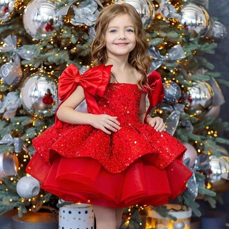 Party Dress 2025 Children Lovely Kids Birthday First Communion Ball Gowns Pink Flower Girl for Wedding Sequins Beading with Bow