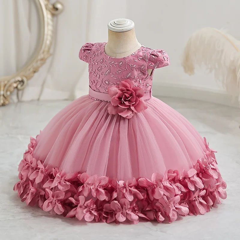 Infant Baptism Party Dress Baby Girls Flower Embroidery Princess Dresses For Toddlers 1st Birthday Communion Puffy Dresses Gowns