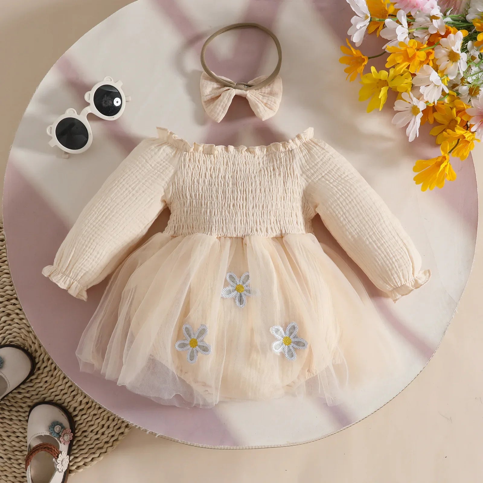 Baby Girl Dresses 1st Birthday Outfit Tulle Romper Dress with Headband Cute Daisy and Embroidered Party Wear for Newborn Clothes