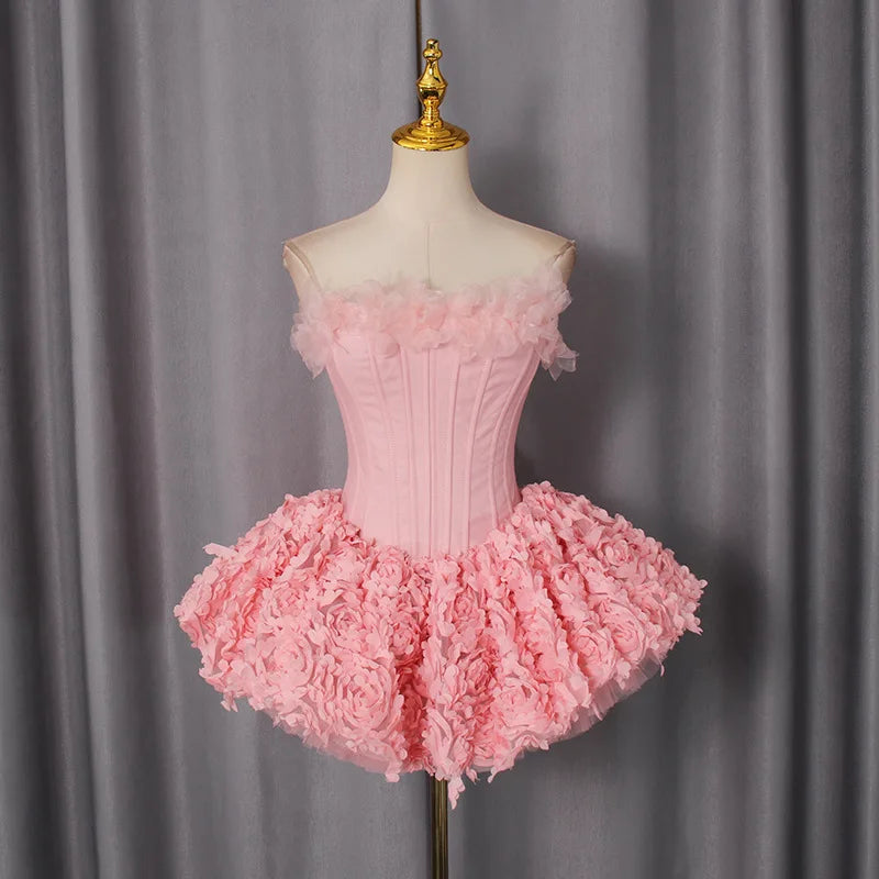 Pink Evening Dress 2 Pcs Skirt Set Sexy Corset Top Bra+Short Pants Party Robe 3D Flower Lace Up Back Formal Prom Wedding Gown