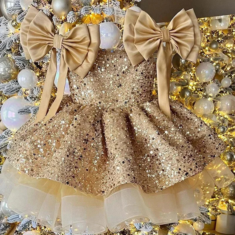 Party Dress 2025 Children Lovely Kids Birthday First Communion Ball Gowns Pink Flower Girl for Wedding Sequins Beading with Bow