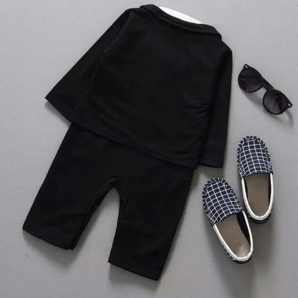 2Pcs/Set Black Tuxedo Gentleman Boss Baby Clothes Two-Piece Outfit Bow Tie Toddler Romper Bodysuit Romper Bodysuit Outerwear Set
