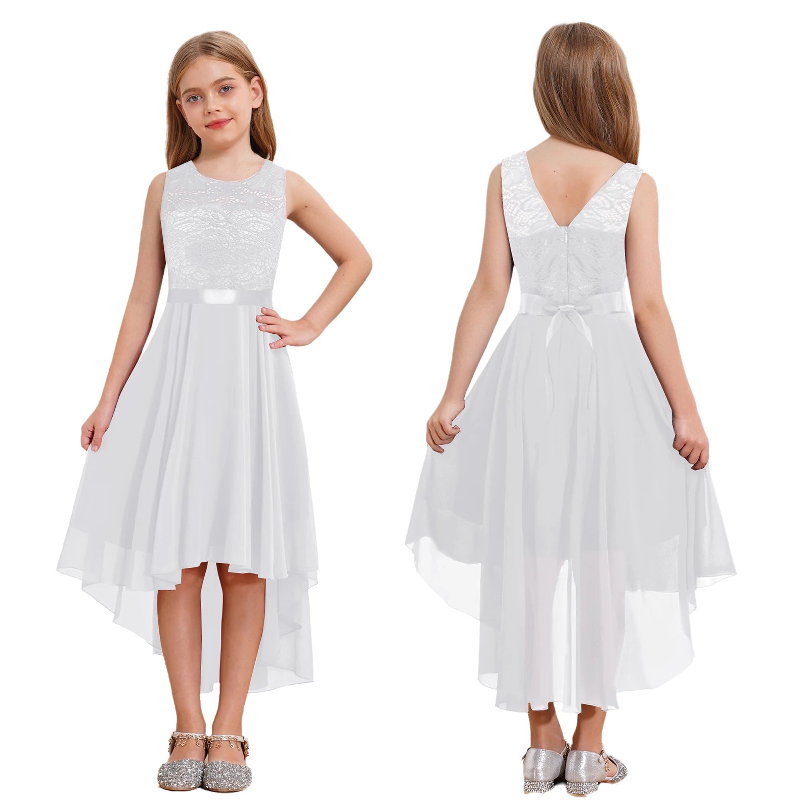 Kids Girls Lace Chiffon Party Grown Dress Birthday Ballroom Wedding Flower Girls Dresses for First Communion Bridesmaid Cocktail