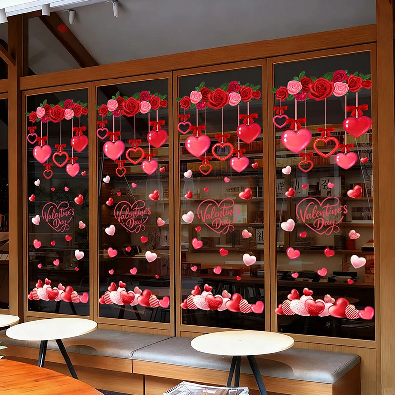 1 Pcs Valentines Day Window Clings With Red Ribbon Romantic Heart Design Static Window Stickers Reusable Double-Sided