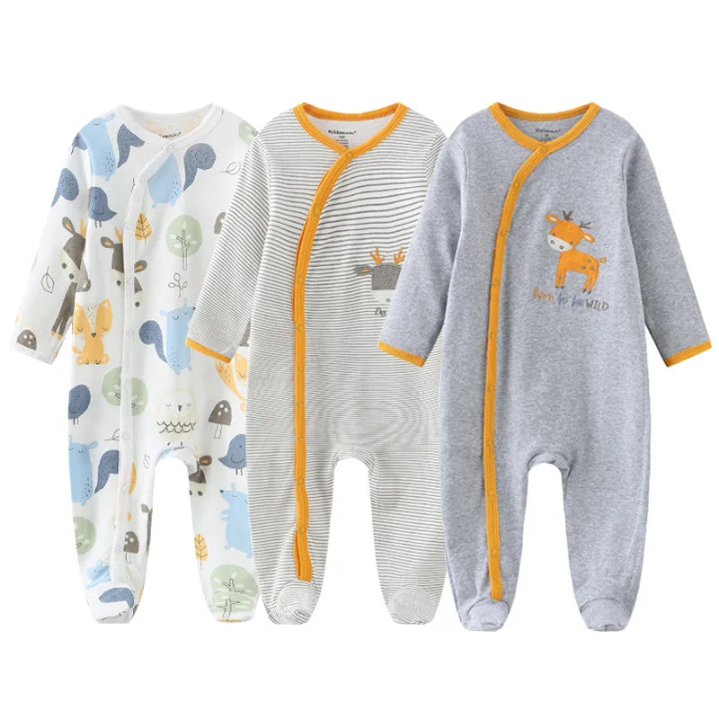3pcs Newborn Baby Boy Clothes Long Sleeve 100% Cotton Baby Rompers Cartoon Baby Girl Clothes 0-12M Spring Solid Color Bebes