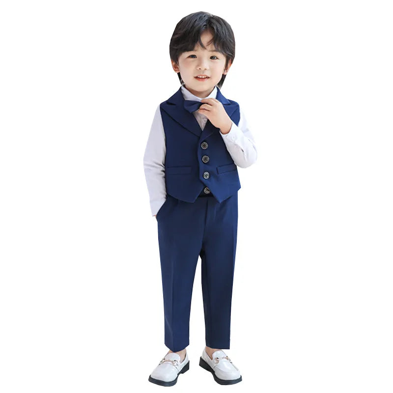 3Pcs Children Boys Black Blue Wedding Suit Teenager Kids Boy Piano Ceremony Tuxedo Suit Formal Vest Shirt Pants Bow Kid Boy Suit