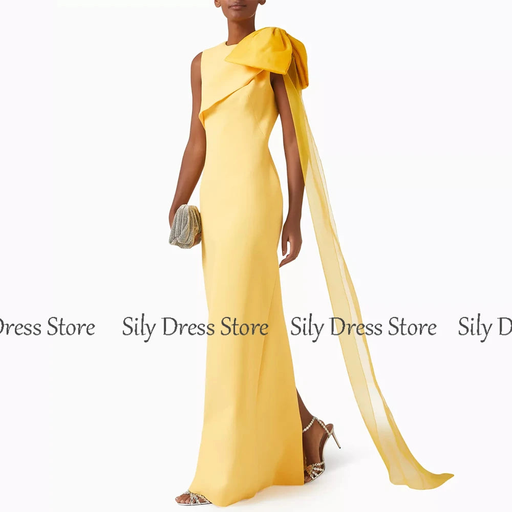 Chic Prom Dresses for Ladies Jersey Sheath/Column Formal Evening Dress Yellow O-Neck Bow Draped Split Bespoke Occasion Gown Long