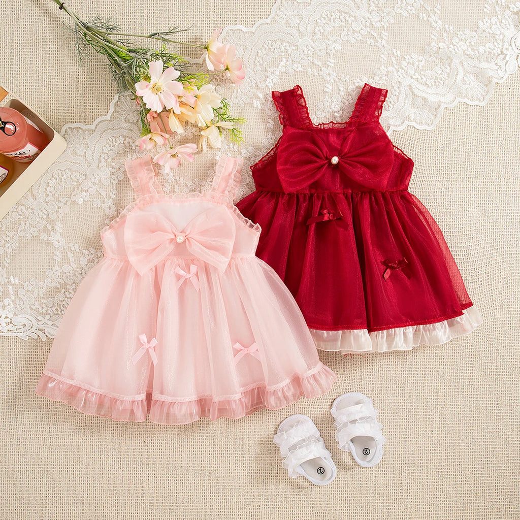 Newborn Girl Dress Lace Bow Children Summer Red Evening Party Princess Dress Baby Girl Birthday Gift