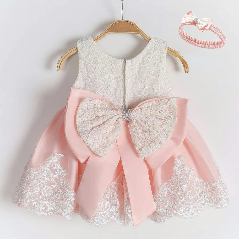 Baby Lace Dresses with Headband Formal Wedding Party Christening Dresses Toddler Girl Clothes Flower Girl Clothes