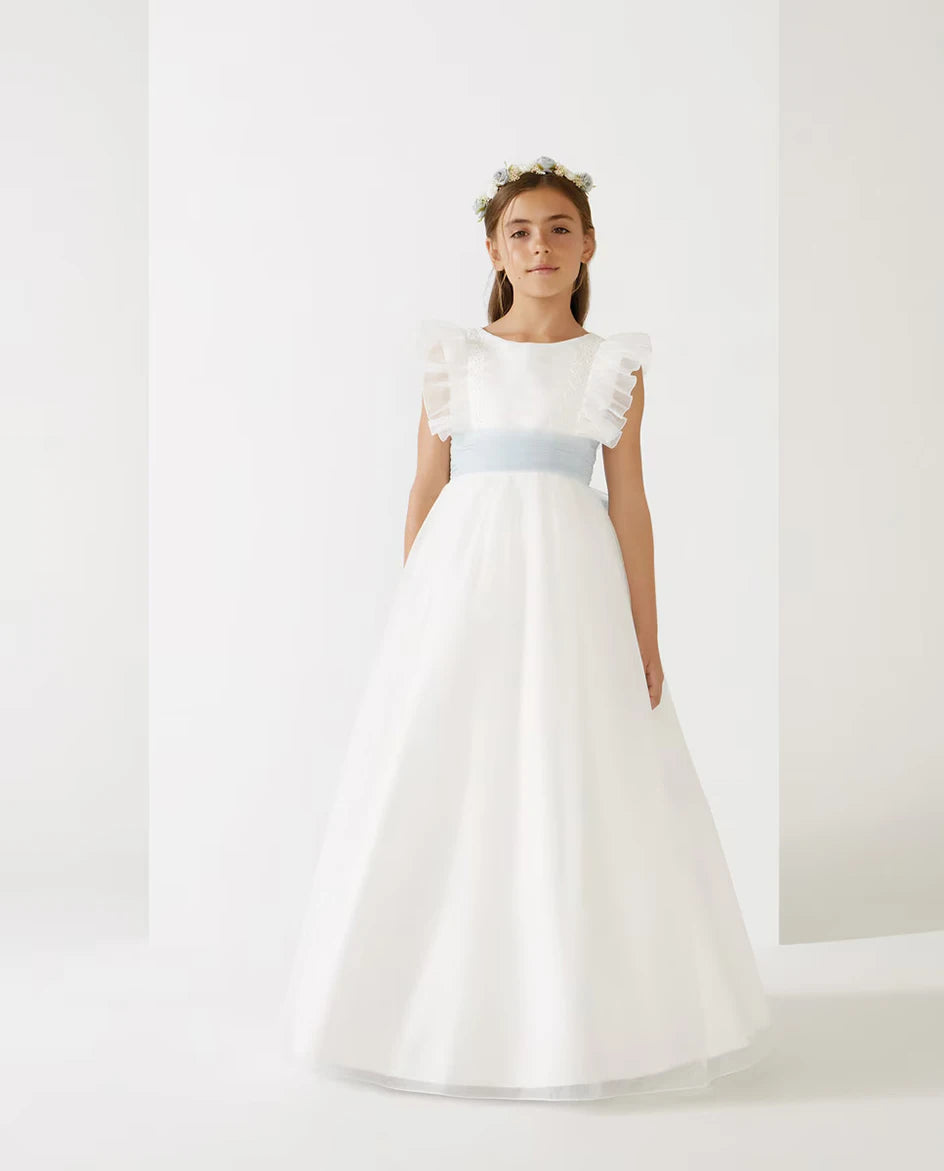 Girls Chiffon Flutter Sleeve Backless Flower Girl Dresses White First Communion Dress Blue Belt Bow
