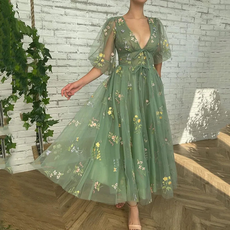 Prom Dresses Green Sexy Deep V-Neck Puffy Sleeve Lace Embroidery Tulle Formal Evening Party Gown Elegant Tea Lengt Robe De Soiré