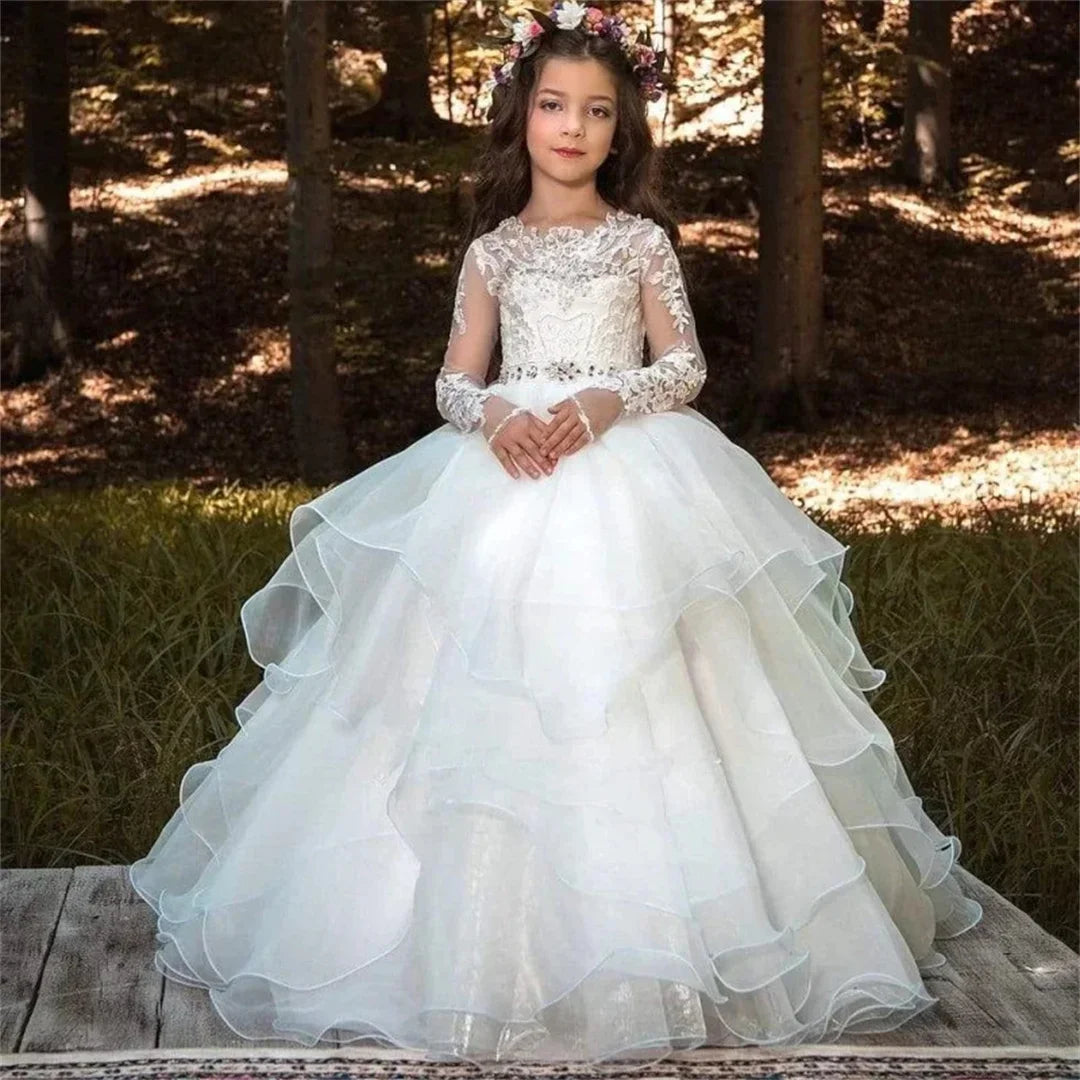 Communion Flower Girl Dresses Appliques Birthday White Tulle Tiered Party Banquet Holy With Bow Belt Long Sleeve