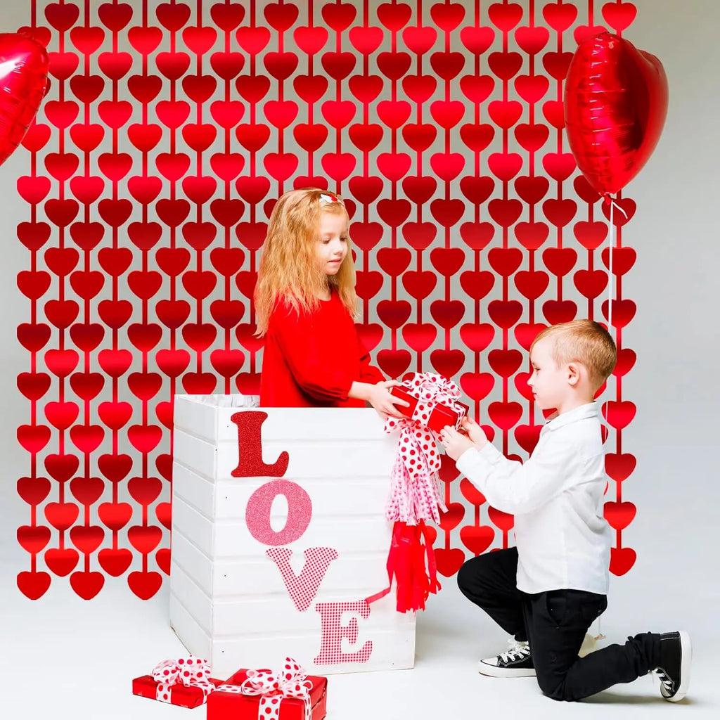 4 Packs 39x79in Red Heart Shape Tinsel Foil Fringe Curtain Valentines Photo Backdrop,Streamer Backdrop for Birthday, Wedding