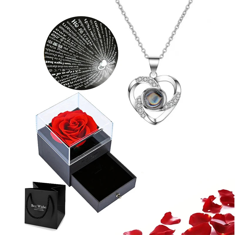 Christmas Gifts For Girlfriend 100 Languages I Love You Projection Necklace With Rose Gift Box 2023 Fashion Romantic Jewelry