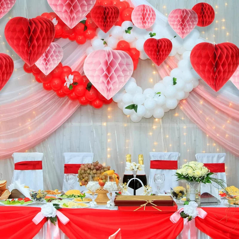 5Pcs Valentine‘s Day Heart & Ball Tissue Paper Honeycomb Ball Love Decoration Pom Poms for Valentine‘s Day Wedding Party Decors