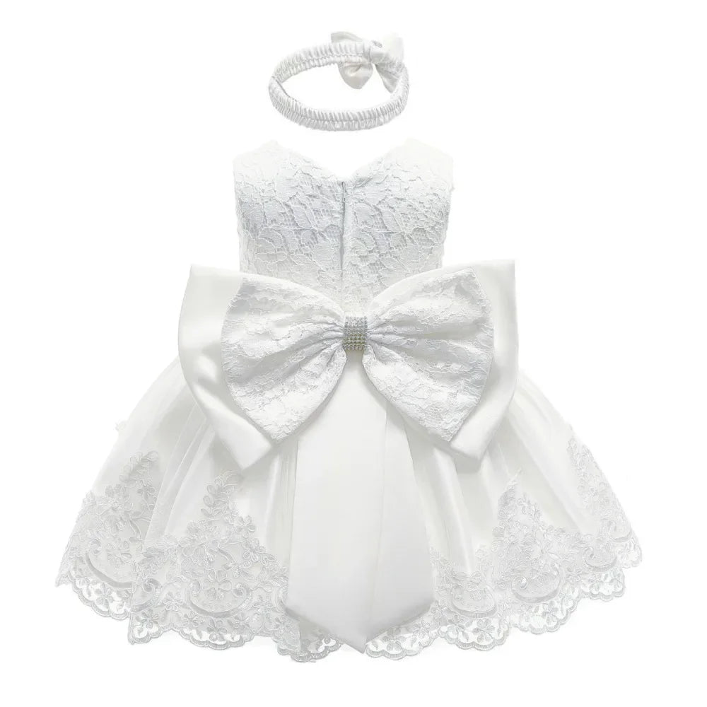 Baby Lace Dresses with Headband Formal Wedding Party Christening Dresses Toddler Girl Clothes Flower Girl Clothes