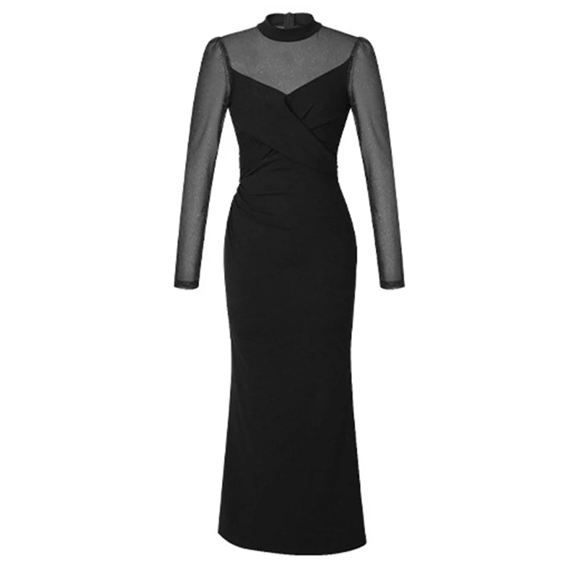 Elegant Prom Dress Women Fashion Sexy Sheer Mesh Spliced Bodycon Fishtail Robe Female Evening Party Vestidos Christmas