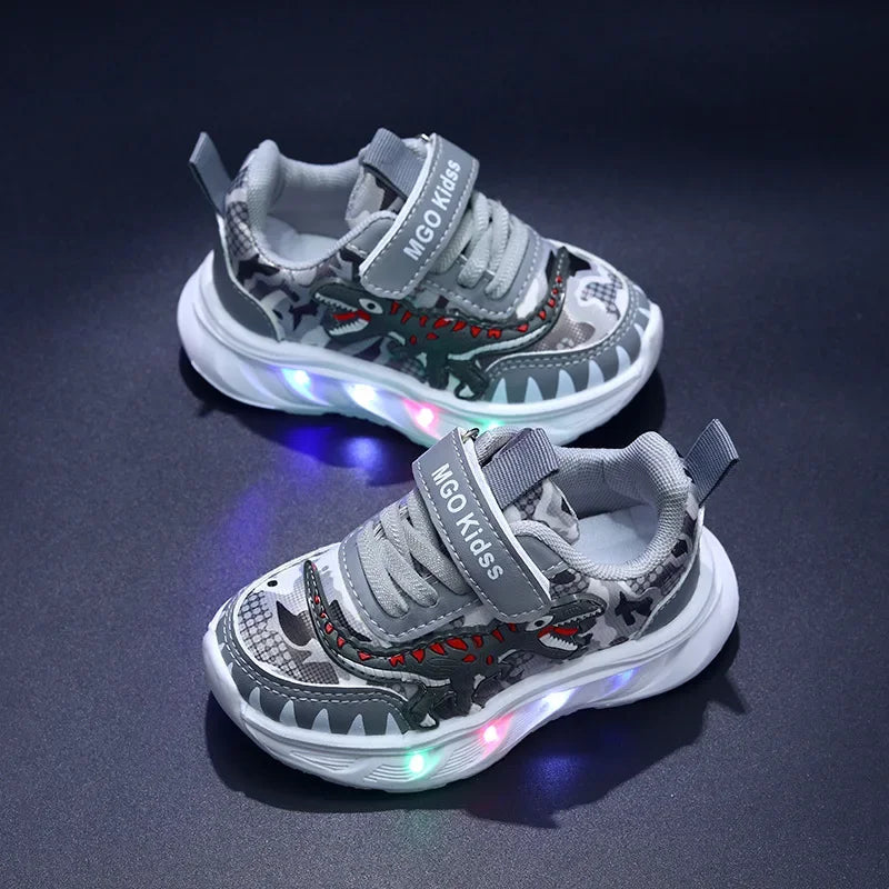 Spring New Children's Sports Shoes Cartoon Dinosaur Children's LED Light Shoes Soft Sole Boys' Causal Sneakers 2-6 Years Old