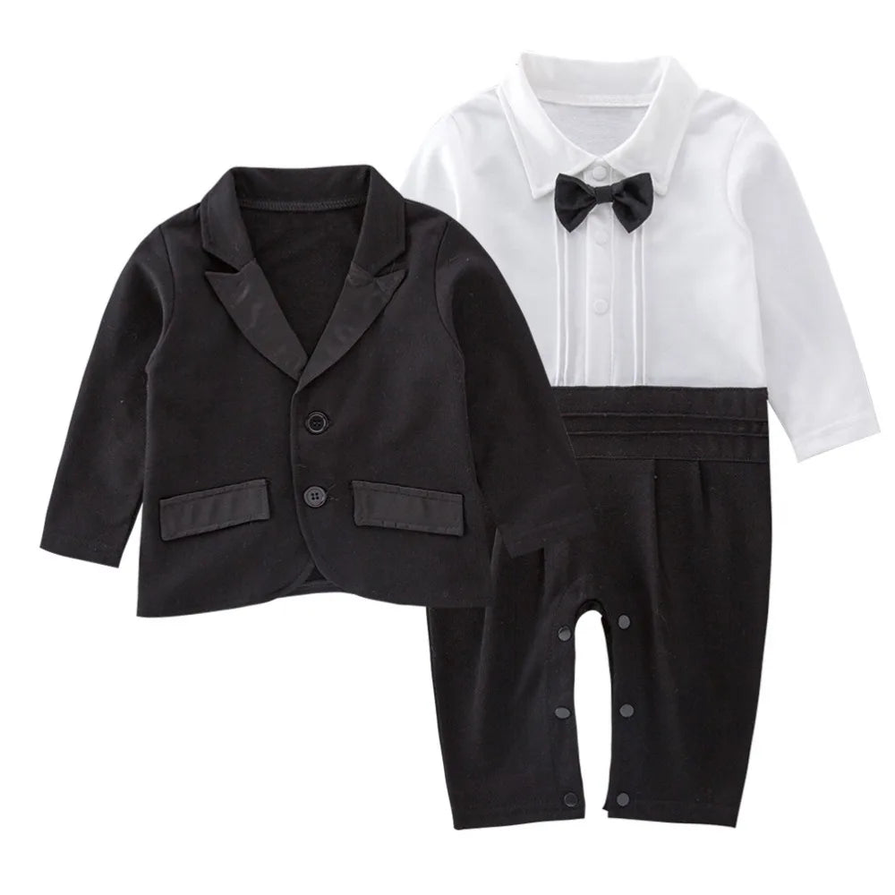 2Pcs/Set Black Tuxedo Gentleman Boss Baby Clothes Two-Piece Outfit Bow Tie Toddler Romper Bodysuit Romper Bodysuit Outerwear Set