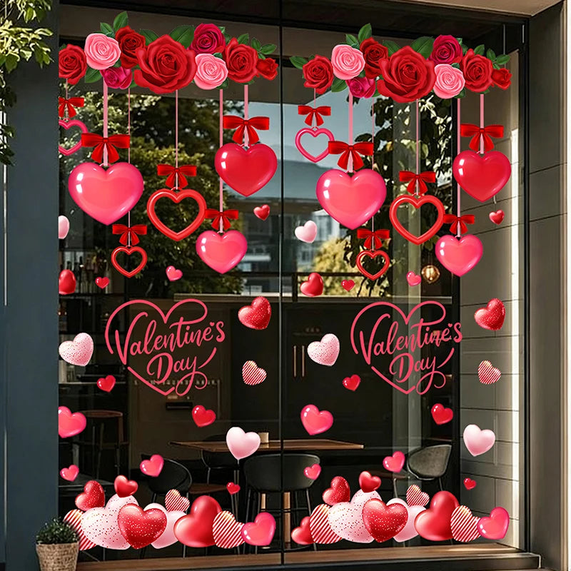 1 Pcs Valentines Day Window Clings With Red Ribbon Romantic Heart Design Static Window Stickers Reusable Double-Sided