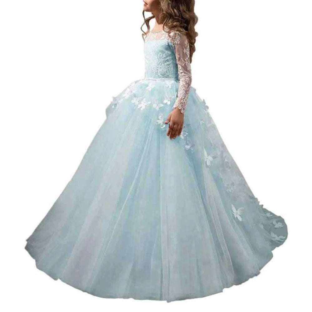 Vestidos De Primera Comunion 2025 Pink Long Sleeves Kids Princess Long Party Dress For Girls Costume For 2 3 4 5 6 7 8 13 Years