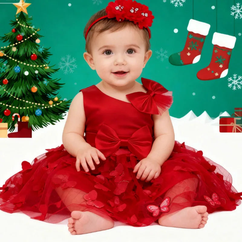 White Wedding Baby Girl Dress Bowknot Butterfly Tutu Dress Infant Toddler Flower Girls Baptism Birthday Dresses With Headband